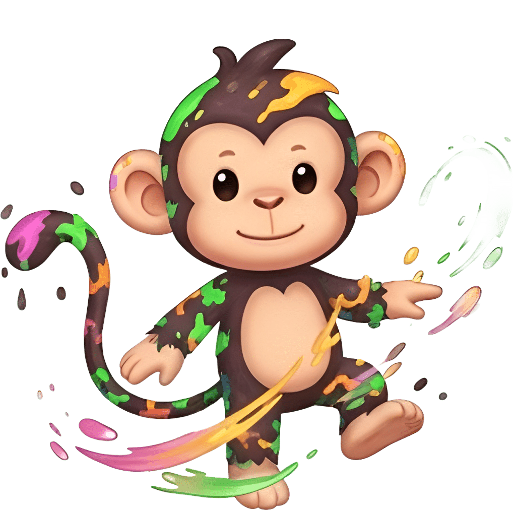 Dripz: Fun cartoon monkey covered in colorful paint splatters.