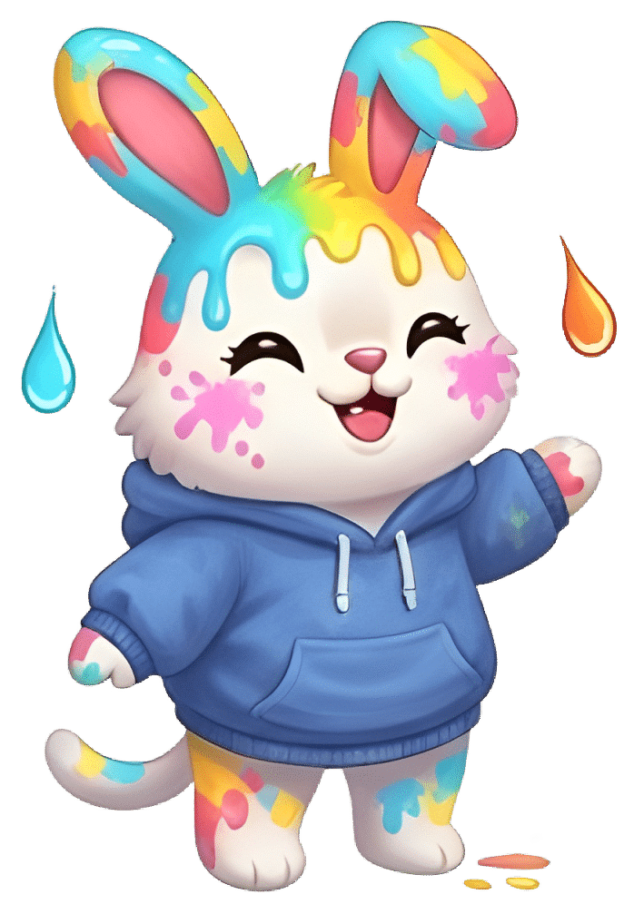 Cute bunny wearing a hoodie covered in colorful Dripz paint splatters.