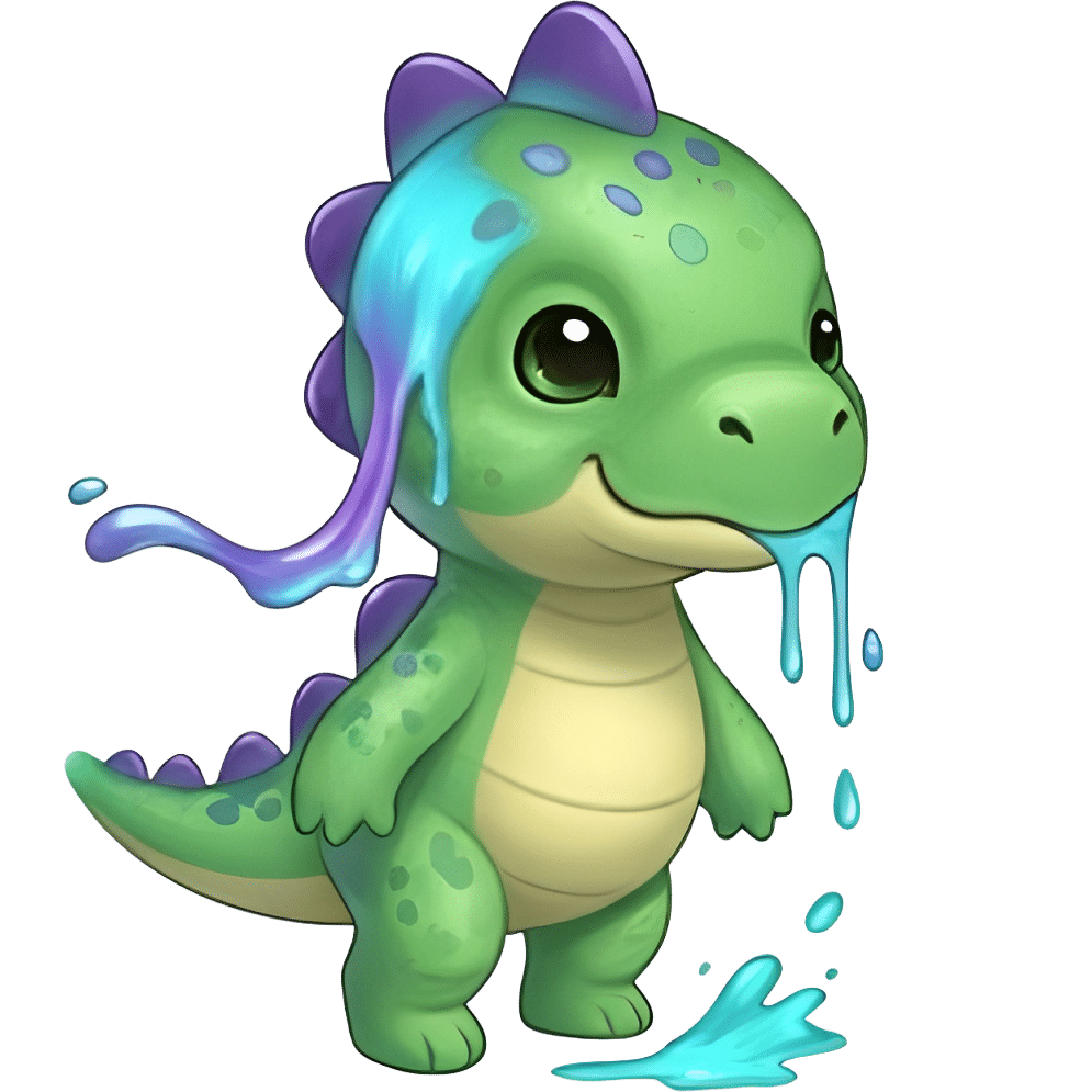 Cute green Dripz dinosaur character with blue slime dripping.