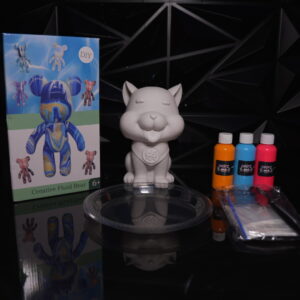 DIY Creative Fluid Bear kit with bear figurine, paints, tray, and box. The Leading Paint & Pour Kit — Only from Dripz Bar Creations.
