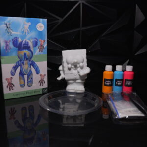 DIY fluid bear painting kit with bear figurine, paints, and supplies. "Creative Fluid Bear 6+" text visible. The Leading Paint & Pour Kit — Only from Dripz Bar Creations.